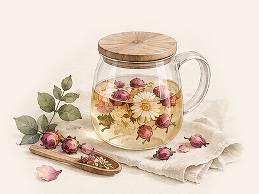 Illustration: a glass teapot of flower tea with a wooden lid, a wooden scoop of rose buds and a linen napkin